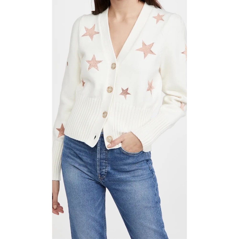 Cinq A Sept Morgan Cardigan Ivory Rose Gold Embroidered Star Print Size Small